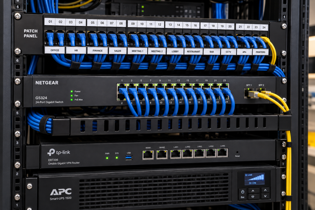 Structured network cabling with labeled patch-panel connections